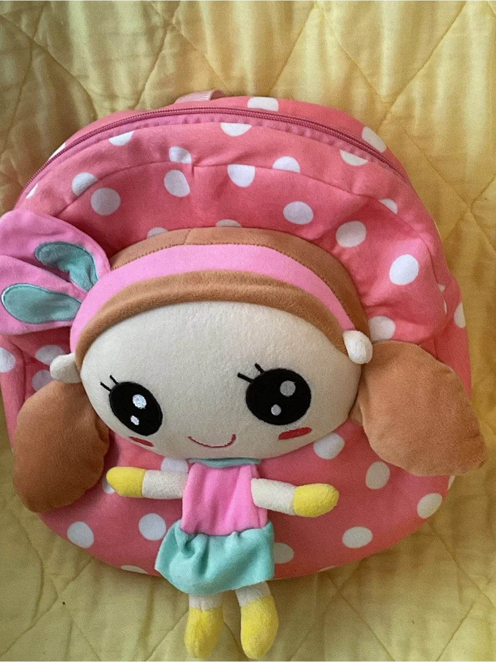 MAX-Pink Polka Dot Plush Doll Kids Backpack - Cute Doll Front 13 X11